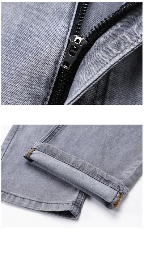 Summer Thin Men's Elastic Cotton Jeans Fashion Gray Comfortable Business Straight Casual Pants Brand Male Clothes Trousers - Tasawoq