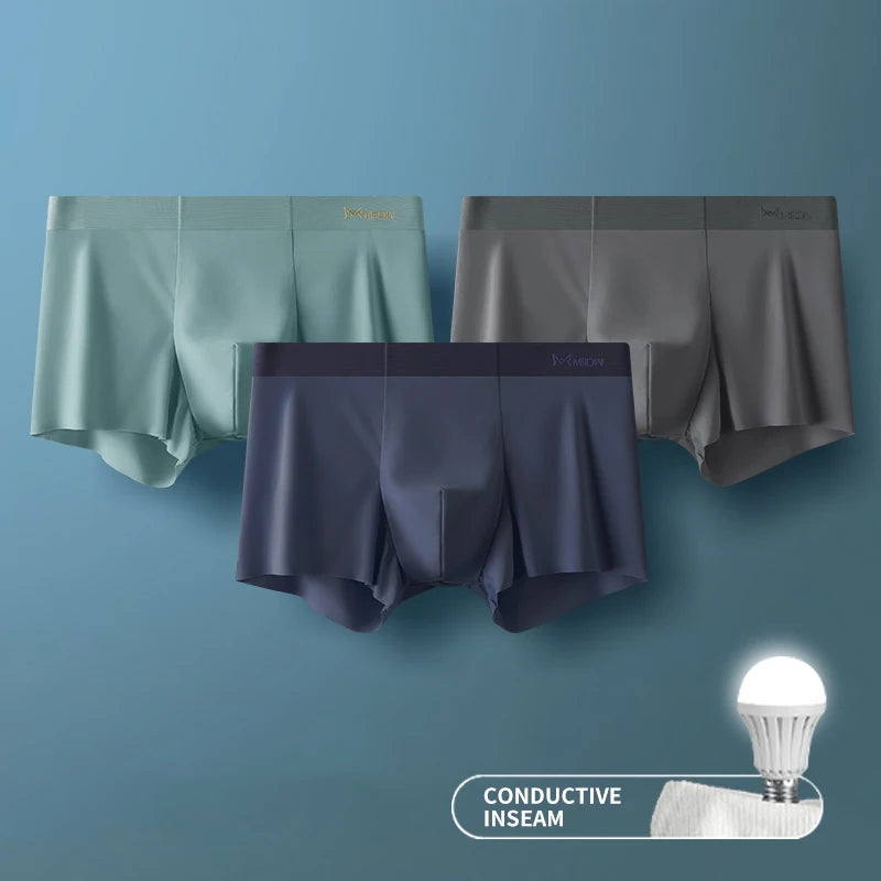 MIIOW 3Pcs Ice Silk Man Underwear Boxer Metal Fiber Antistatic Men Underpants Seamless Cut Hem Men's Panties Boxers Shorts Trunk - Tasawoq