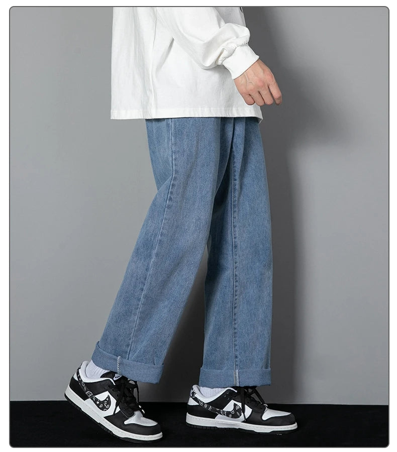 2025 New Korean Men's Casual Long Jeans Classic Man Straight Denim Wide-leg Pants Solid Color Light Blue Grey Black - Tasawoq