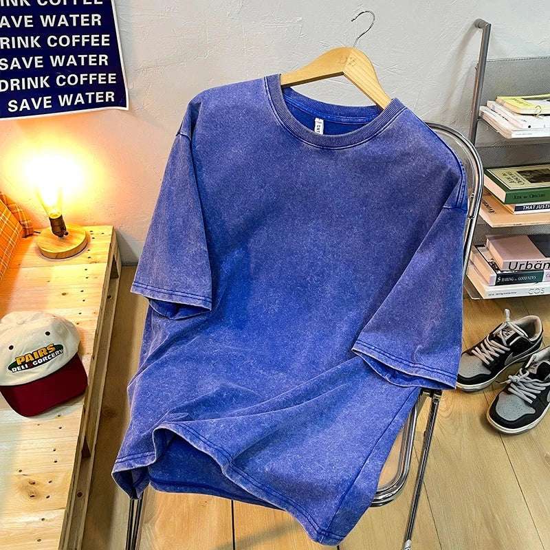 Vintage Snowflake Point Solid Color T-Shirts For Men Women 100% Cotton Short Sleeve Wash With Old Water Street Hip Hop Tee Shirt - Tasawoq