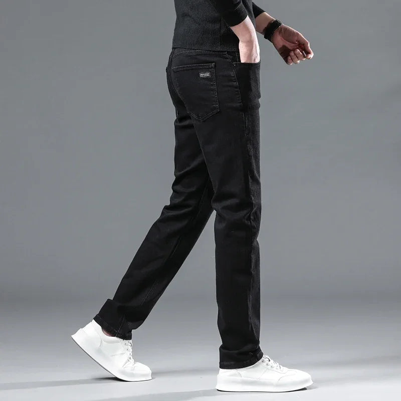 WTHINLEE Winter Men Black Straight Stretch Denim Thick Velvet Pants Warm Jeans Casual Fleece Line Trousers Male Plus Size - Tasawoq