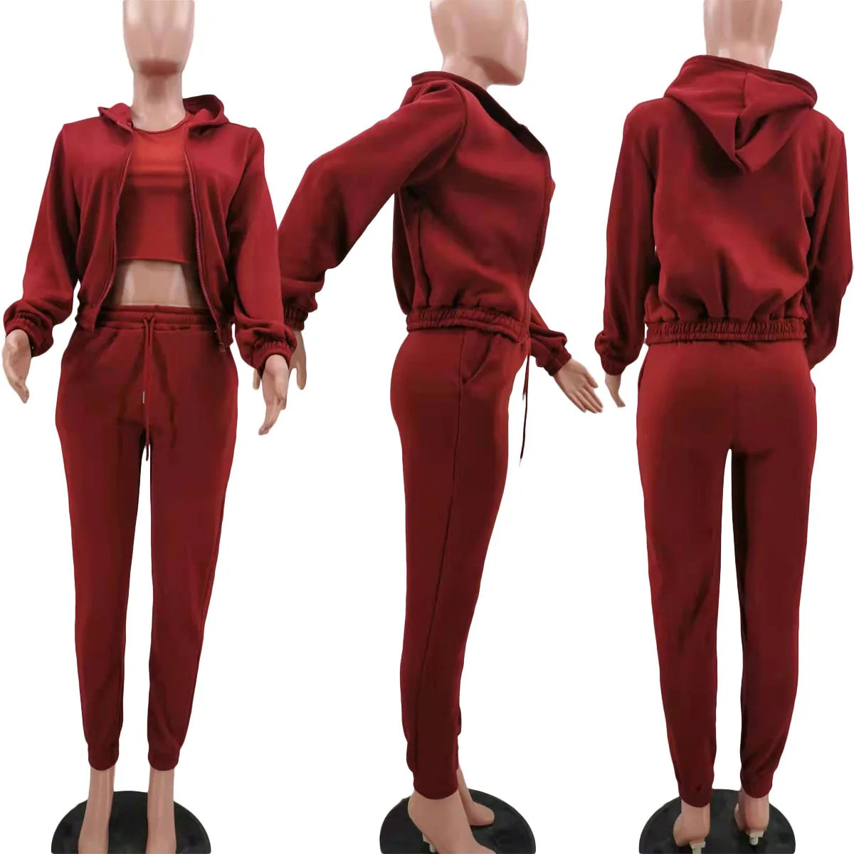 3pcs Women's Clothing Set Fleece-lined Hooded Sweater &Sleeveless Tank Top & Sports Sweatpants Pants - Tasawoq