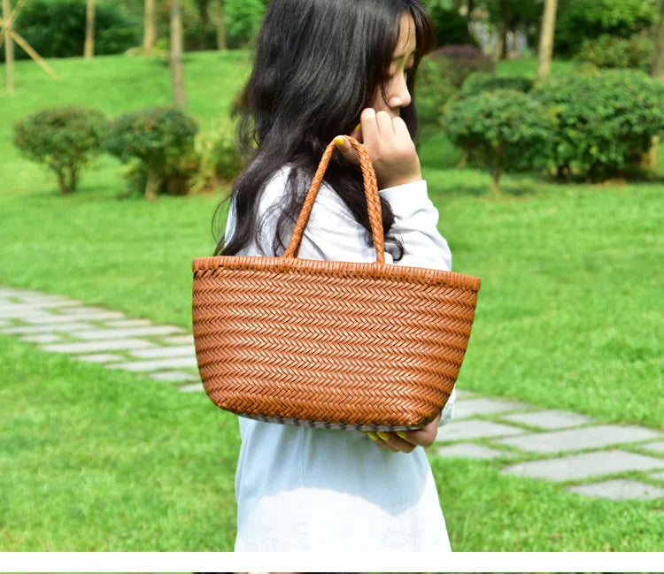 Handbags Women's Genuine Leather Shoulder Bag Weaving Casual Shopping Bag Vintage Big Tote Purse Cowhide Cross Hand Bags Lady - Tasawoq