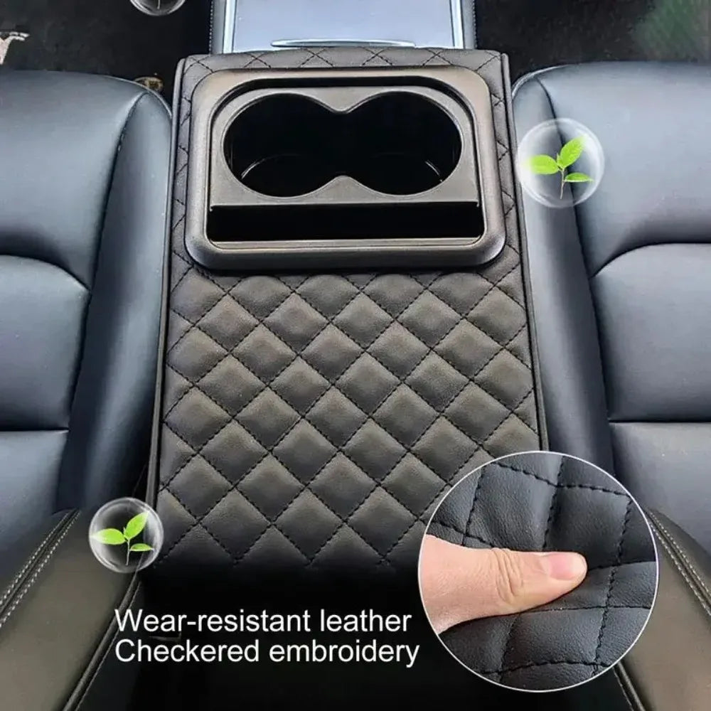 Car Armrest Box Cushion, Auto Center Console Armrest Cushion With 2 Cup Holder PU Leather Armrest Pad Portable Car Amrest Pillow