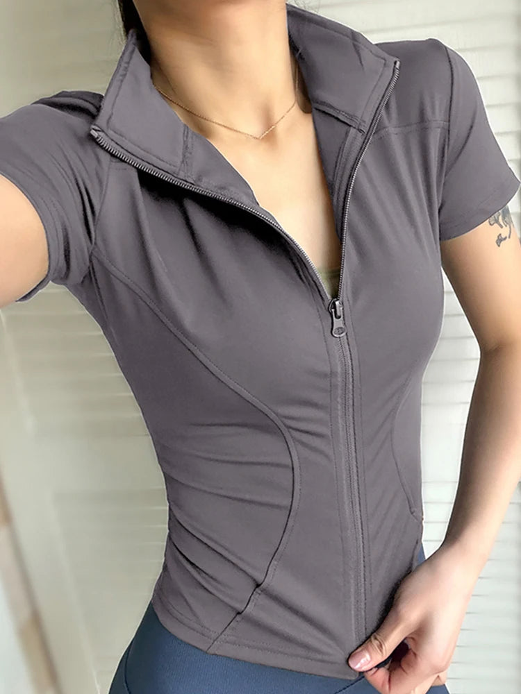 Summer High Quality Waist Slimming Training Tops Women's Quick-drying Tight Stand Collar Full Zipper Short Sleeves Yoga shirts - Tasawoq