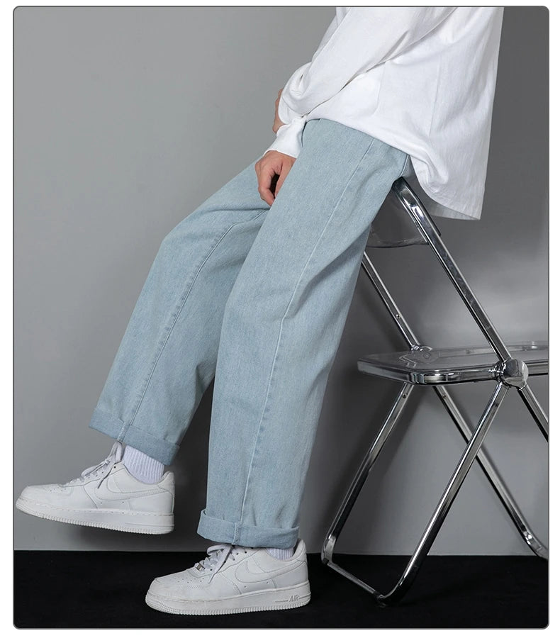 2025 New Korean Men's Casual Long Jeans Classic Man Straight Denim Wide-leg Pants Solid Color Light Blue Grey Black - Tasawoq