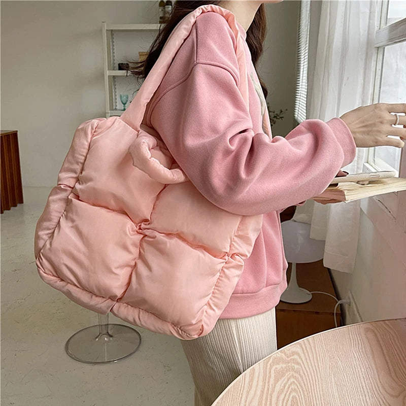 Women Retro Checkered Quilted Shoulder Bag Solid Color Winter Soft Handbags Soft Tote Handbags - Tasawoq