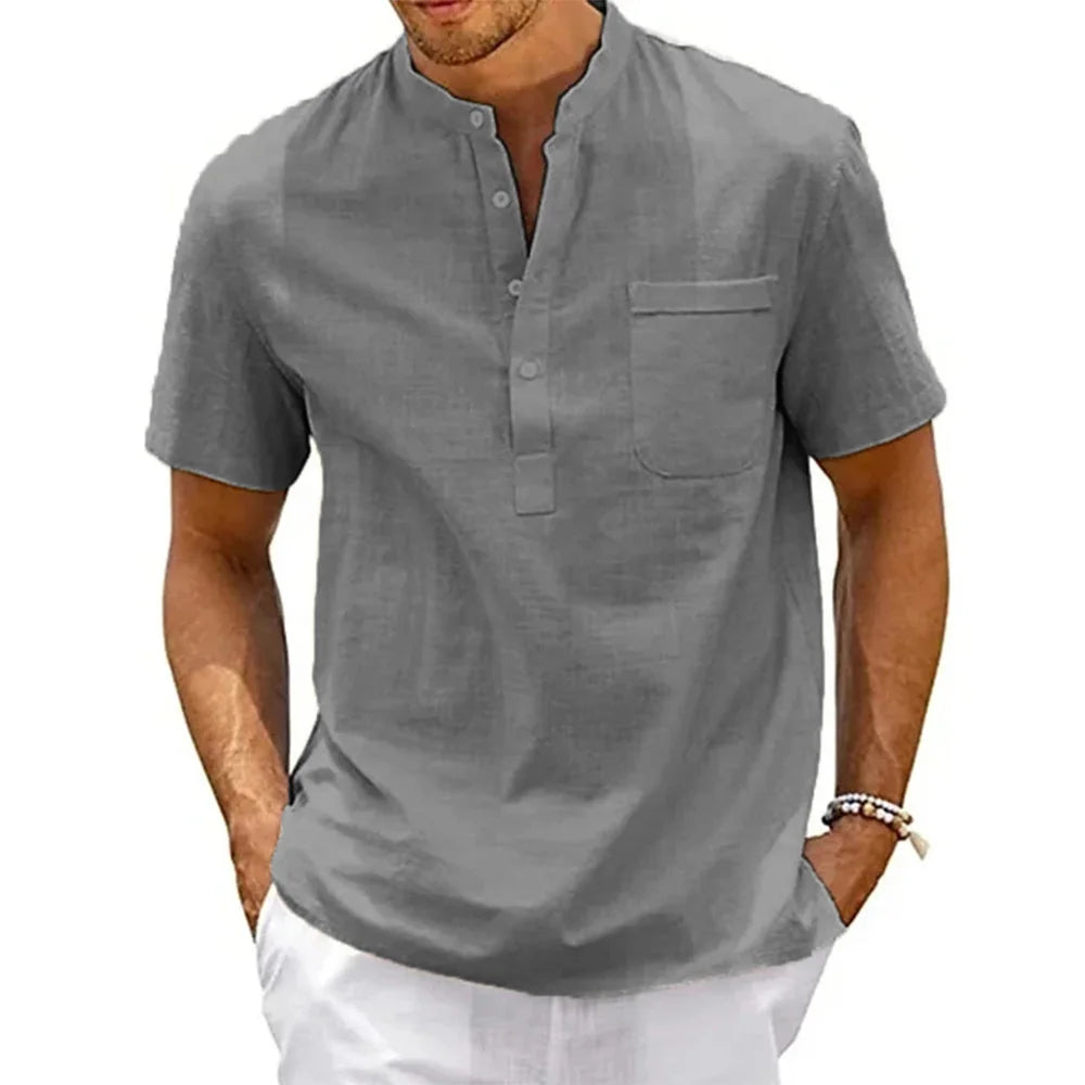 Cotton Linen Shirt Men Henley Neck Pocket Casual Beach Short Sleeve Solid Color Male Tops T-shirts Vintage Streetwear - Tasawoq