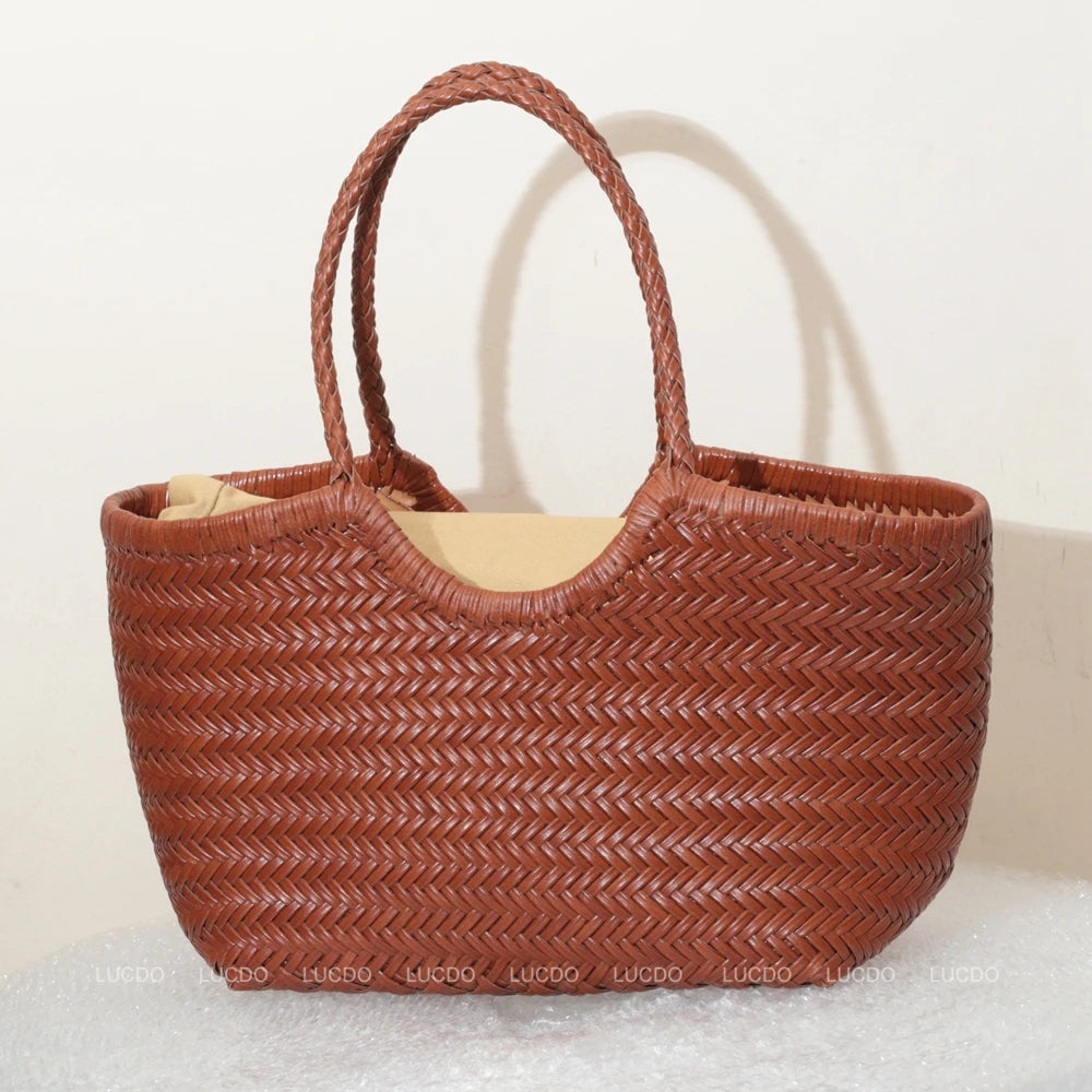 Handbags Women's Genuine Leather Shoulder Bag Weaving Casual Shopping Bag Vintage Big Tote Purse Cowhide Cross Hand Bags Lady - Tasawoq
