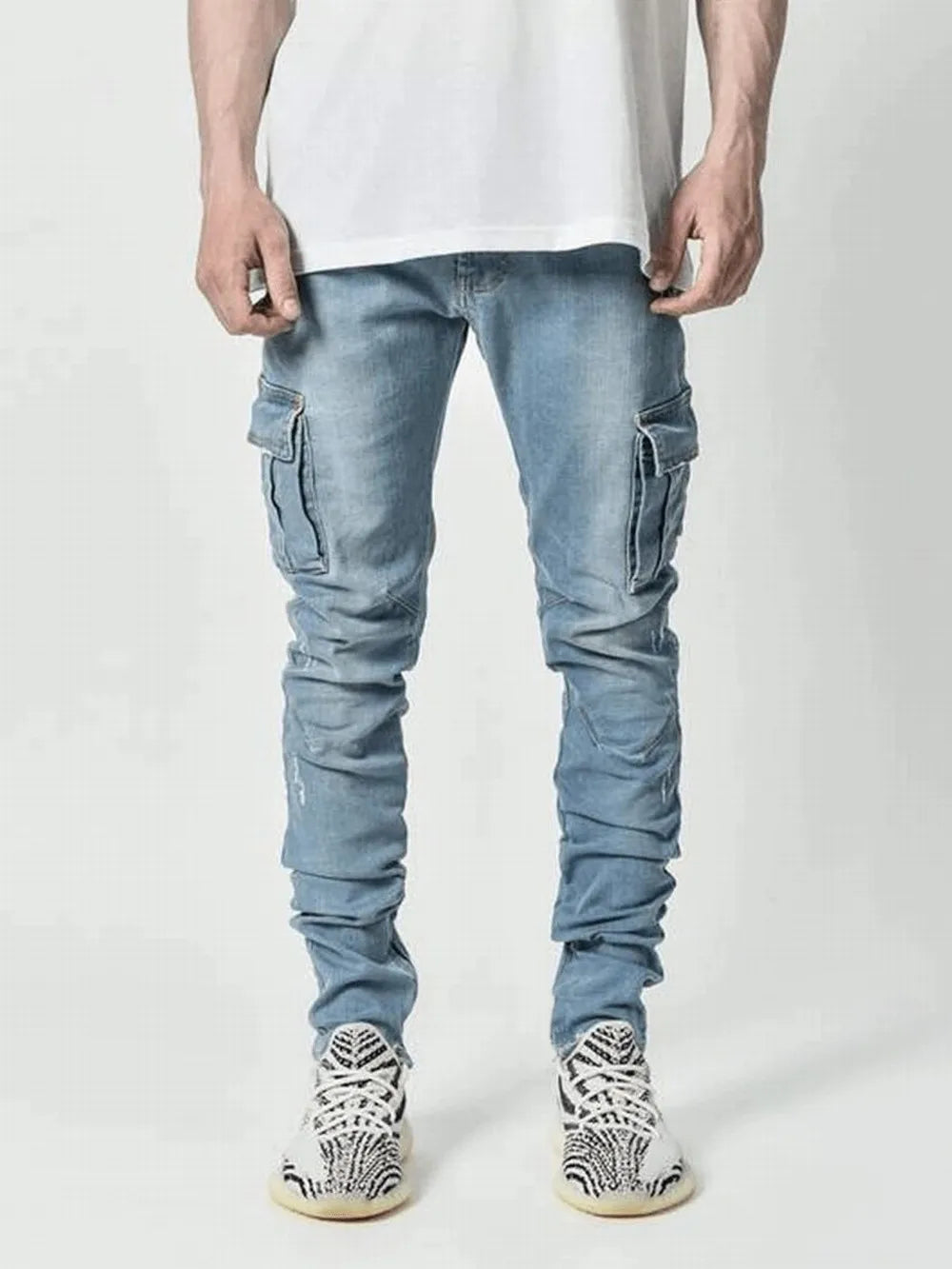 Street Elastic Jeans Men Denim Cargo Pants Wash Solid Color Multi Pockets Casual Mid Waist Trousers Slim Fit Daily Wear Joggers - Tasawoq