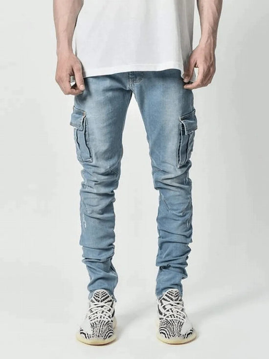 Street Elastic Jeans Men Denim Cargo Pants Wash Solid Color Multi Pockets Casual Mid Waist Trousers Slim Fit Daily Wear Joggers - Tasawoq