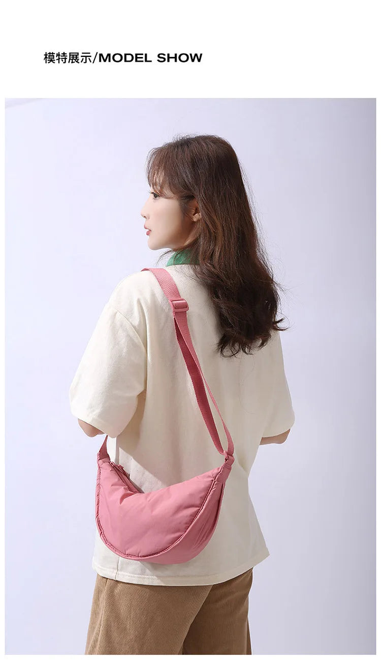 Solid Color Women's Portable Shoulder Bag Simple Female Nylon Cloth Padded Crossbody Bags Travel Purse Handbags Messenger Bag - Tasawoq