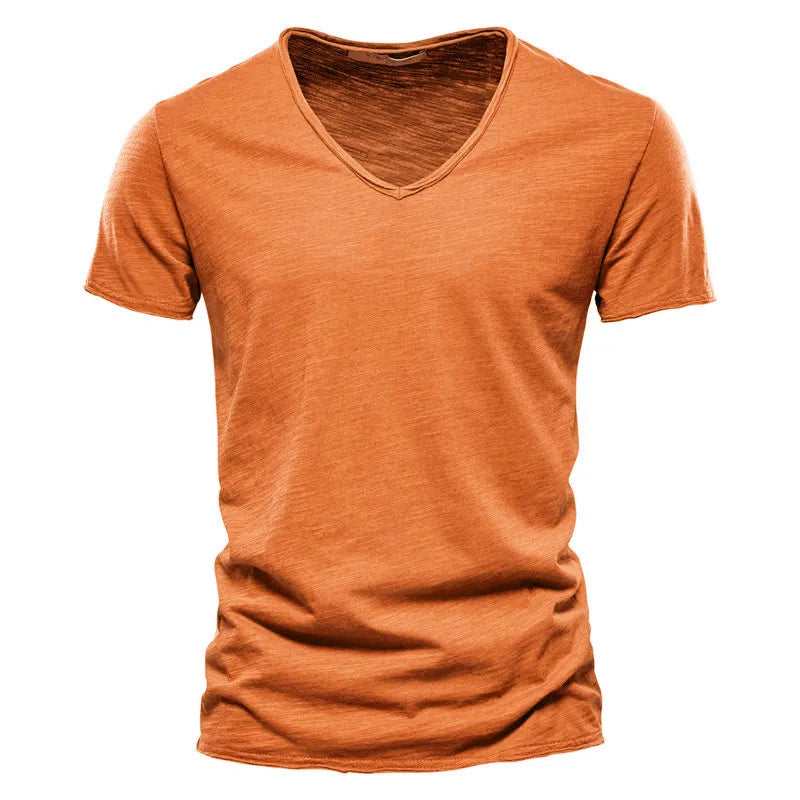 AIOPESON 100% Cotton Men T-shirt V-neck Fashion Design Slim Fit Soild T-shirts Male Tops Tees Short Sleeve T Shirt For Men - Tasawoq