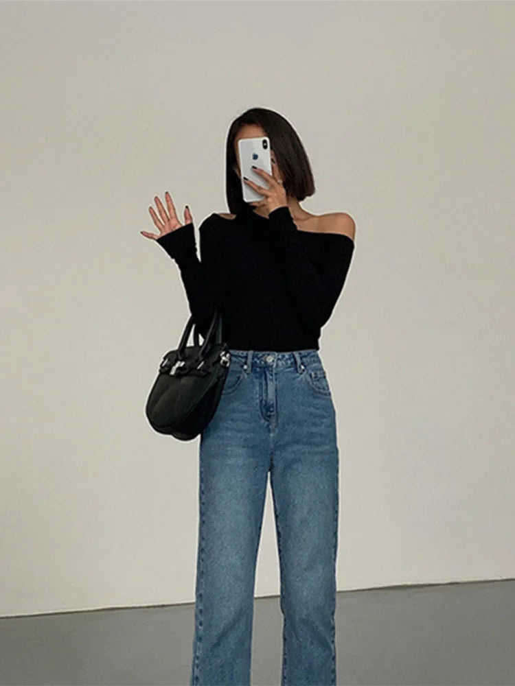 Fashion Skew Collar Off-shoulder Long-sleeved T-shirts Women Spring New Solid Slim Fit Crop Top Sexy Hollow Out Tees Shirts - Tasawoq