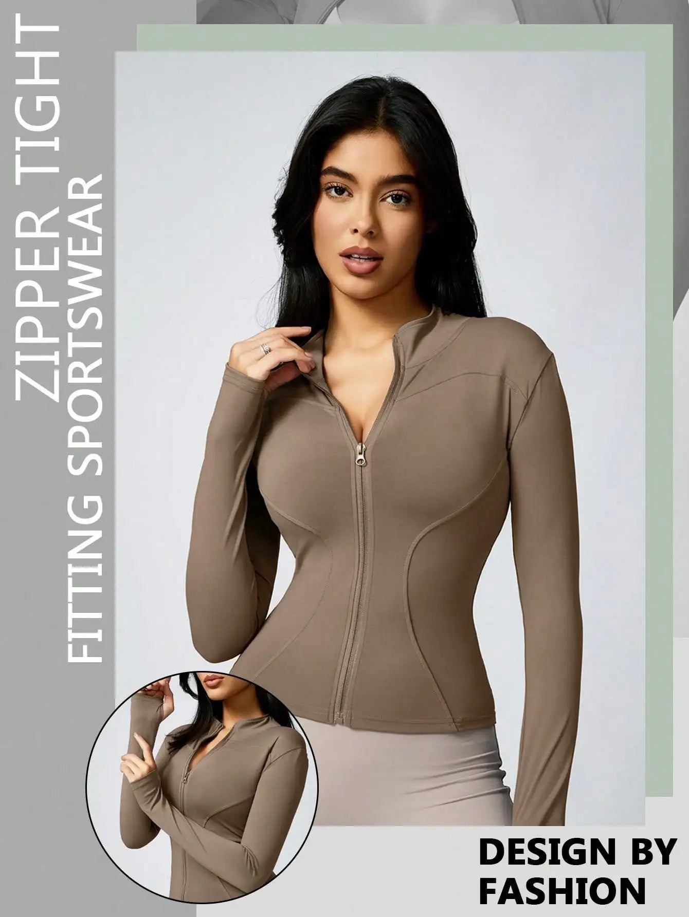 Women's Solid Color Zipper Turtleneck Sports Jacket, Long-Sleeved Sports Top, Gym Wear, Ladies' Sportswear for Indoor and Outdoo - Tasawoq