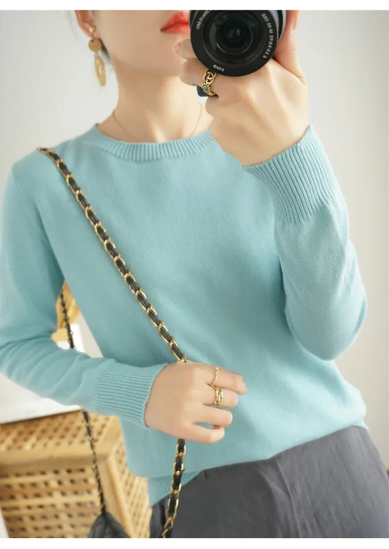 Women's 100% High-quality Cotton Knitted Sweater, Temperament Round Neck Top, Breathable And Versatile Pullover, Long Sleeved - Tasawoq