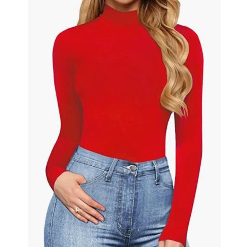 European and American casual women's standing neck solid color bottom top autumn sexy slim fitting long sleeved jumpsuit - Tasawoq
