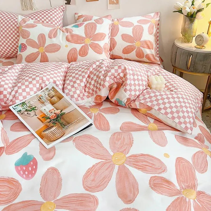 Pink Floral Bedding Set Soft Ins Single Double Queen Size Duvet Cover Flat Sheet Pillowcase Girls Home Totel Bed Linens - Tasawoq
