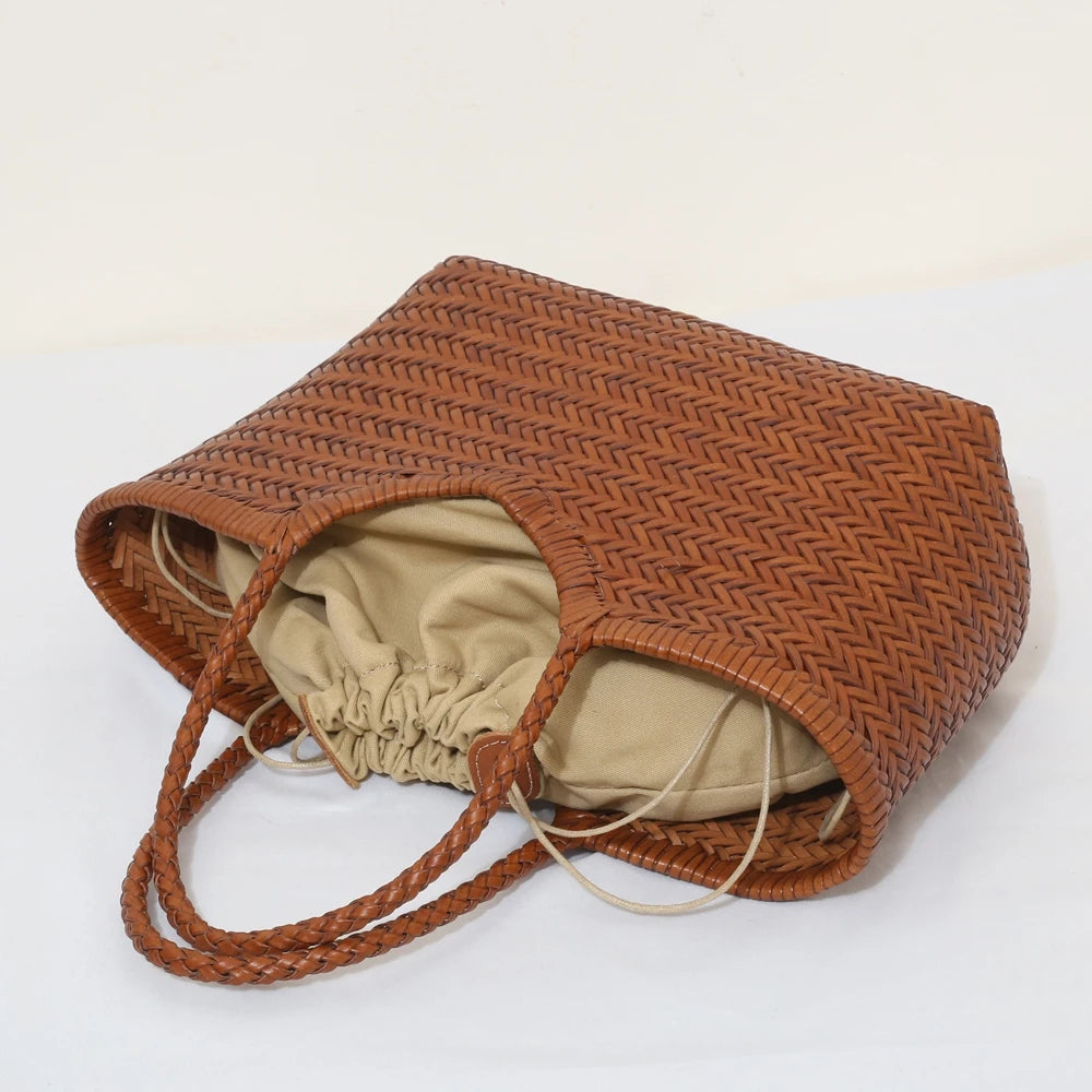 Handbags Women's Genuine Leather Shoulder Bag Weaving Casual Shopping Bag Vintage Big Tote Purse Cowhide Cross Hand Bags Lady - Tasawoq