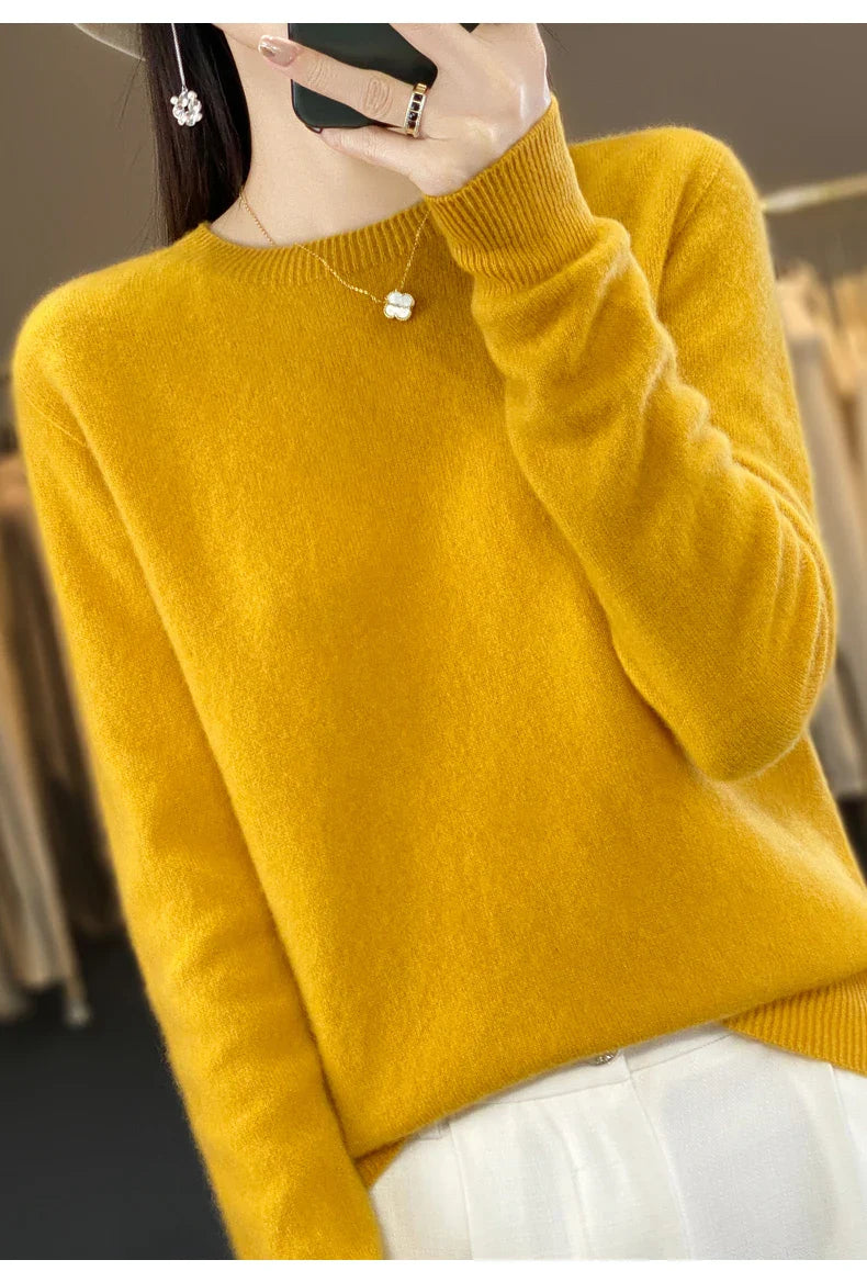 Women's 100% Beautiful Wool Round Neck Top Fashion Versatile Knitted Loose Long Sleeve Pullover Thin Sweater Yuan Ling - Tasawoq