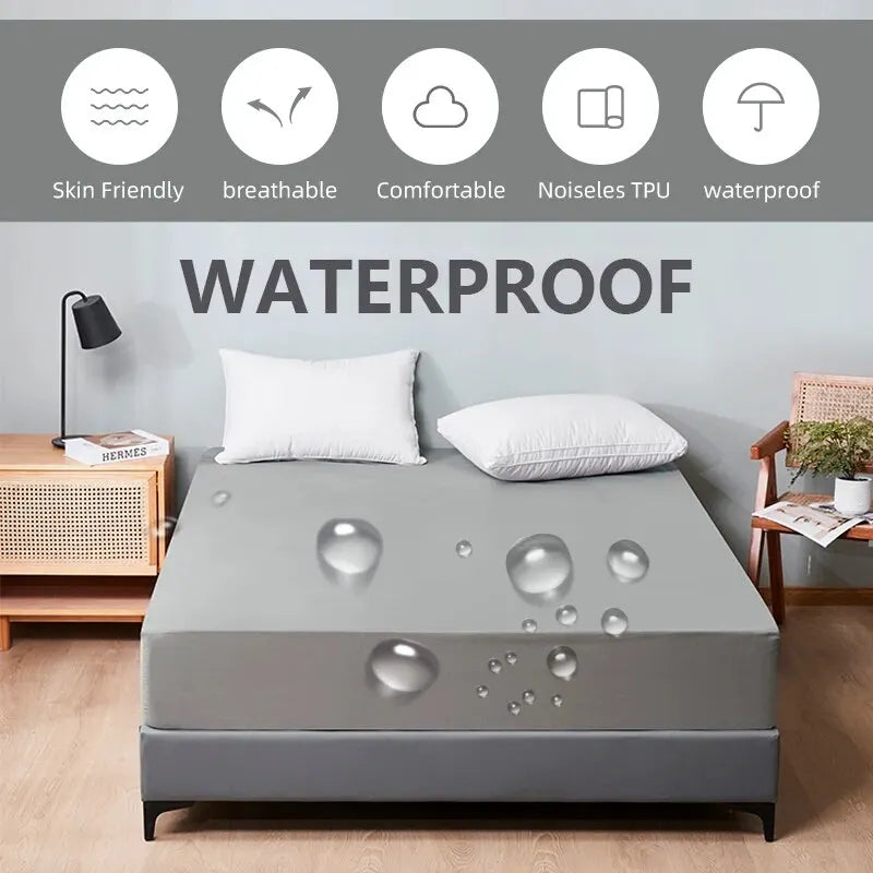 Safe Waterproof Mattress Protector, Soft Comfortable Breathable Solid Color Bedding Mattress Cover Fitted, Machine Washable - Tasawoq