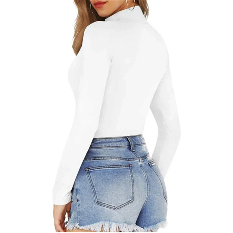 European and American casual women's standing neck solid color bottom top autumn sexy slim fitting long sleeved jumpsuit - Tasawoq