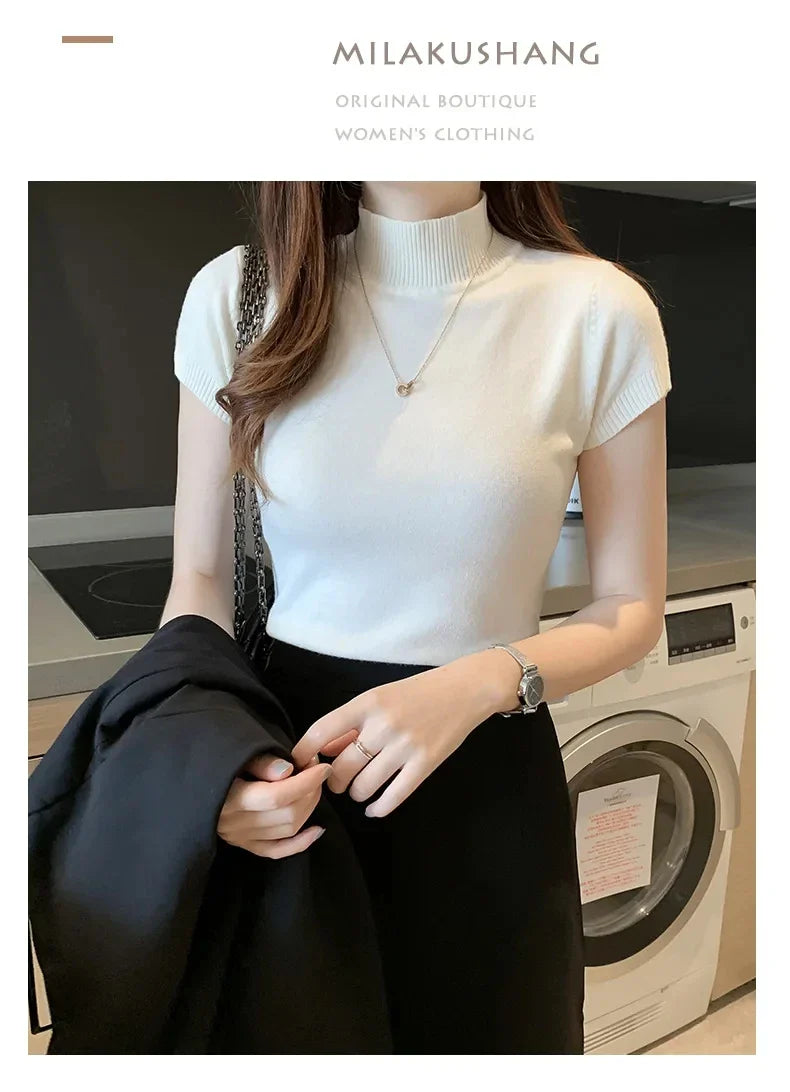 Women's Half-High Neck T-Shirt Fashion Jumper Casual Tops Korean Style Elegant Solid-Coloured Clothing Spring And Summer Season - Tasawoq