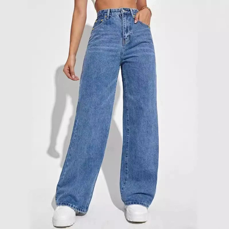 2024 new women's wear European and American loose Denim wide leg pants slimming high waist all-match jeans for women - Tasawoq