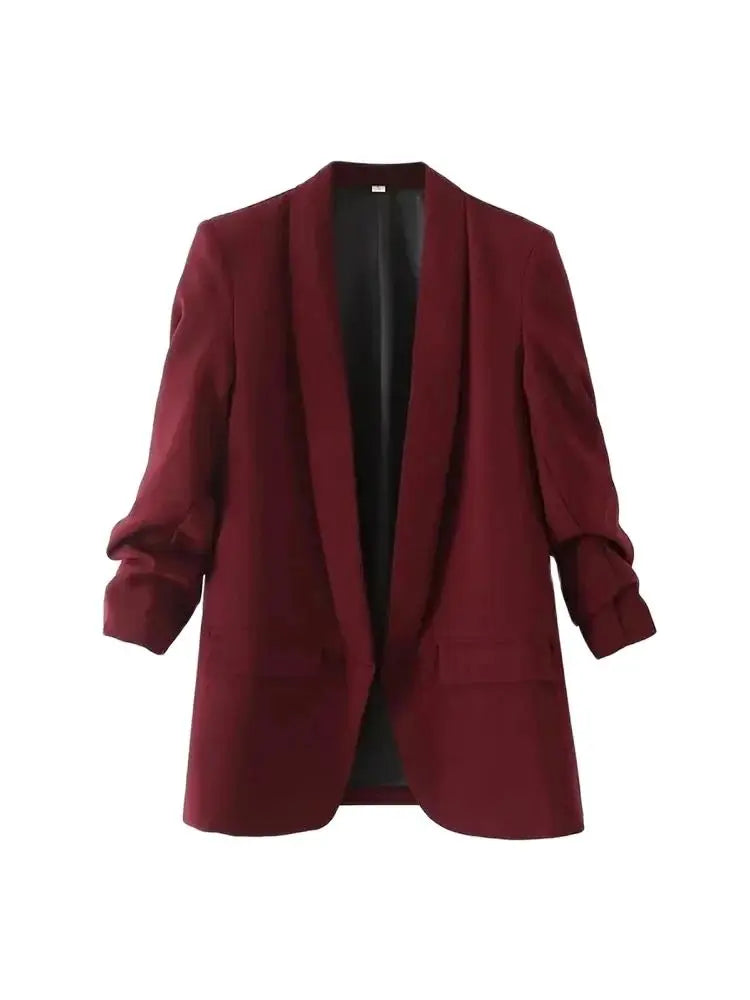 TRZA Women Fashion Office Wear Open Blazer Coat Vintage Long Pleated Sleeves Flap Pockets Female Outerwear Chic Tops - Tasawoq