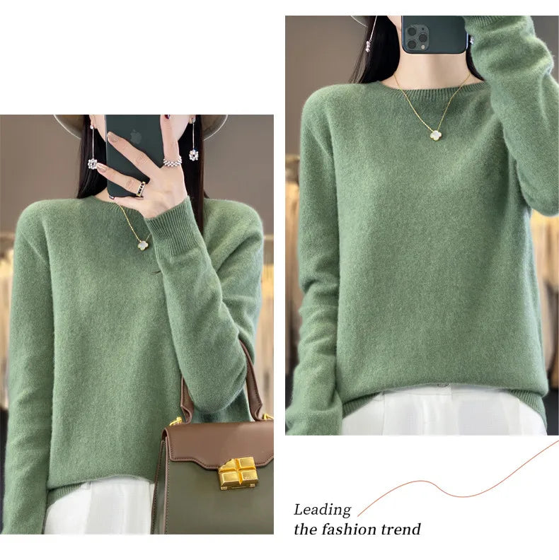 Women's 100% Beautiful Wool Round Neck Top Fashion Versatile Knitted Loose Long Sleeve Pullover Thin Sweater Yuan Ling - Tasawoq