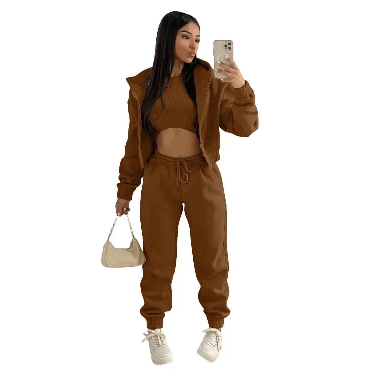 3pcs Women's Clothing Set Fleece-lined Hooded Sweater &Sleeveless Tank Top & Sports Sweatpants Pants - Tasawoq