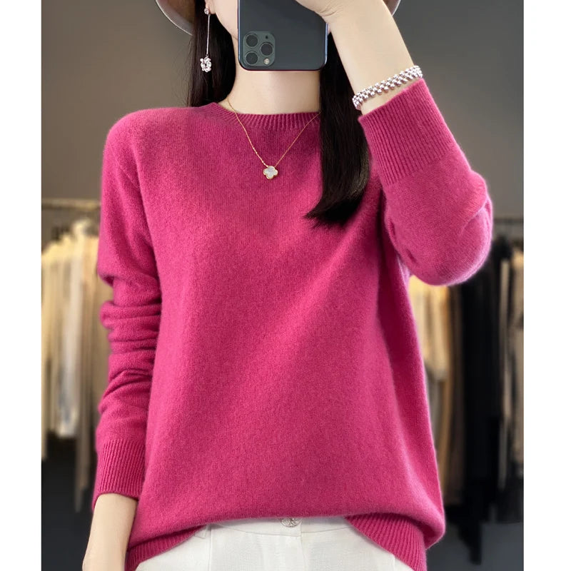 Women's 100% Beautiful Wool Round Neck Top Fashion Versatile Knitted Loose Long Sleeve Pullover Thin Sweater Yuan Ling - Tasawoq