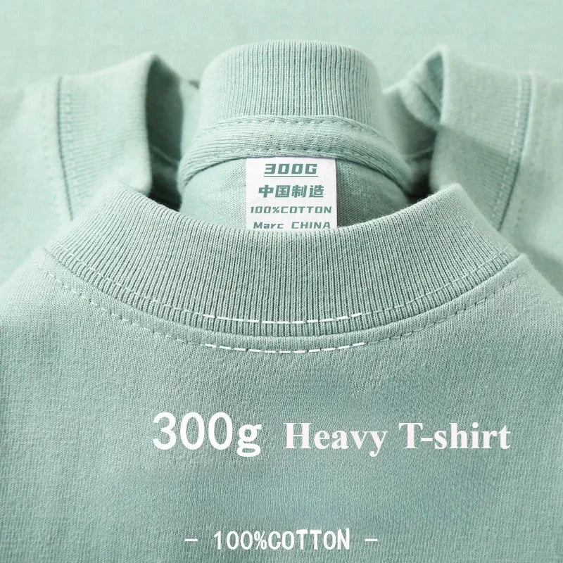 Summer Cotton Heavy Duty 300grams American Pure Cotton Short Sleeves T-shirt Men Casual Base Top Oversized T Shirt - Tasawoq
