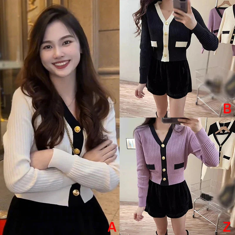 Women's Korean Version Sweater jacket V-neck Knitted Long Sleeved Cardigan Jacket - Tasawoq