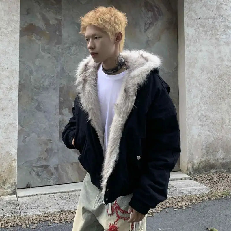 American Retro Woolen Collar Hooded Cotton Jacket Winter Thick Plush Top Men Street Hip-Hop Gothic Harajuku Oversize Jacket Coat - Tasawoq