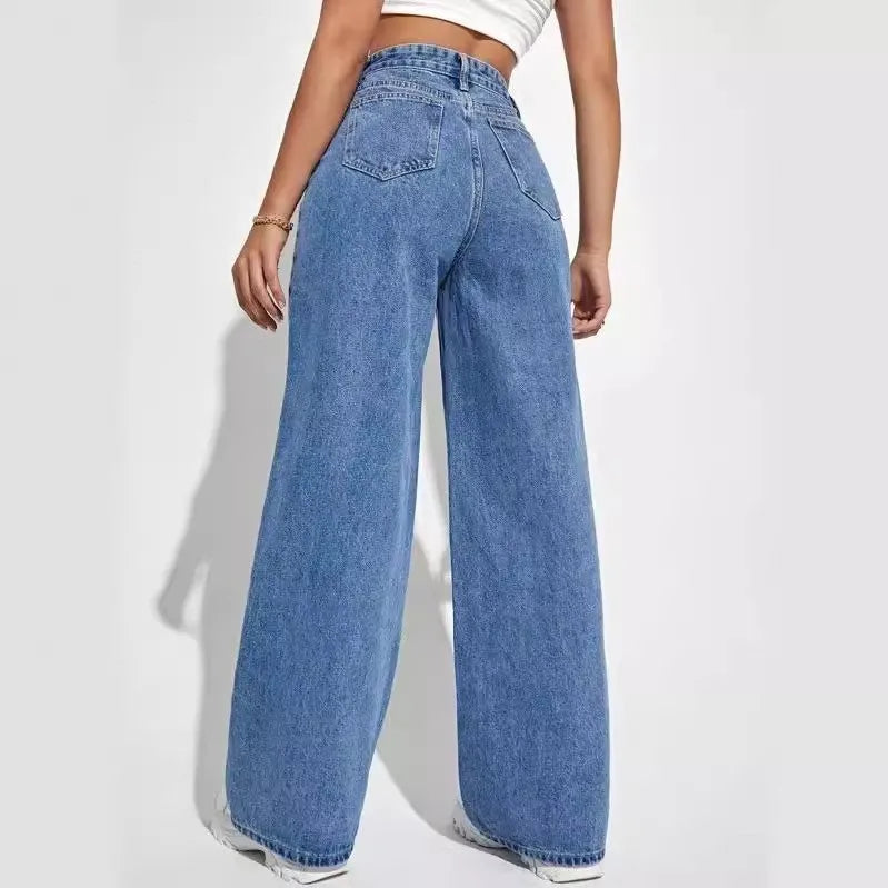 2024 new women's wear European and American loose Denim wide leg pants slimming high waist all-match jeans for women - Tasawoq