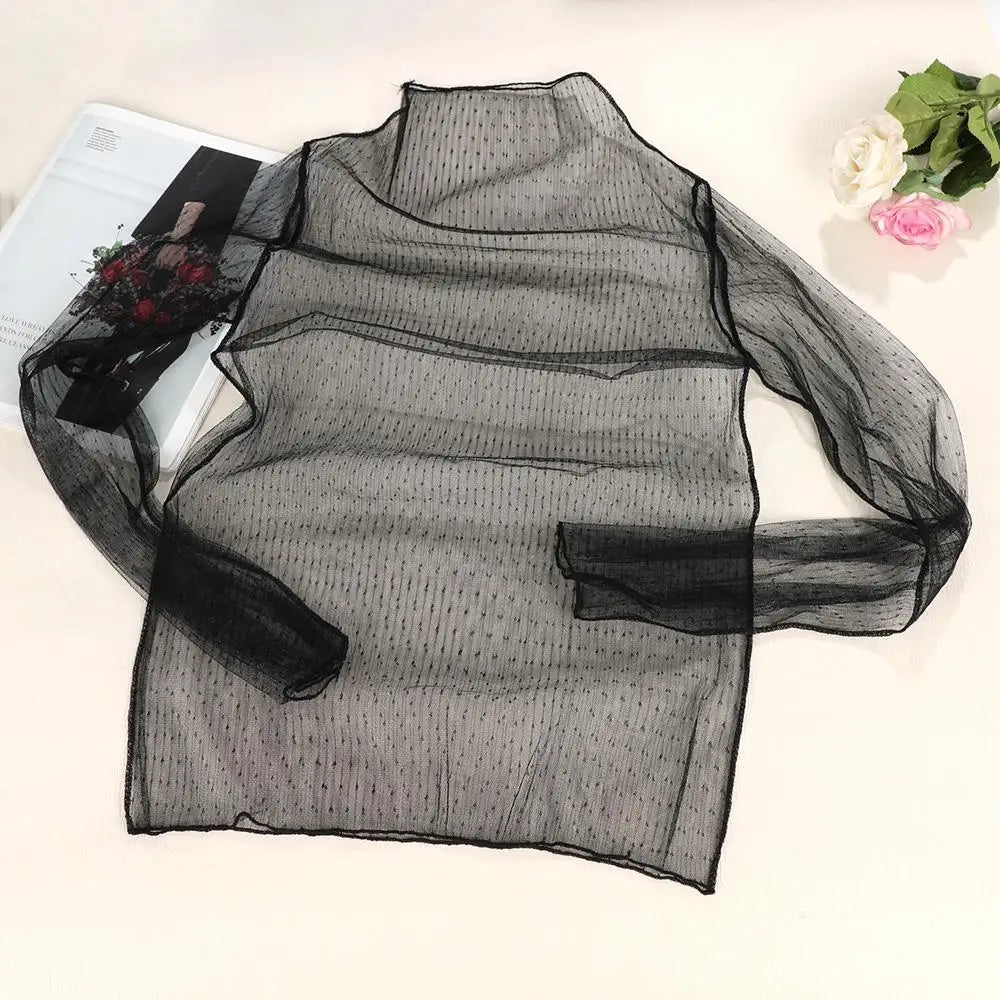 Sexy Women Mesh T-Shirts See-Through Perspective Tshirt Sunscreen Tops Long Sleeve Bottoming Shirts Club Party Black Tee Shirts - Tasawoq