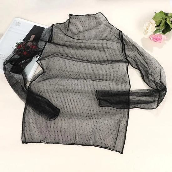 Sexy Women Mesh T-Shirts See-Through Perspective Tshirt Sunscreen Tops Long Sleeve Bottoming Shirts Club Party Black Tee Shirts - Tasawoq