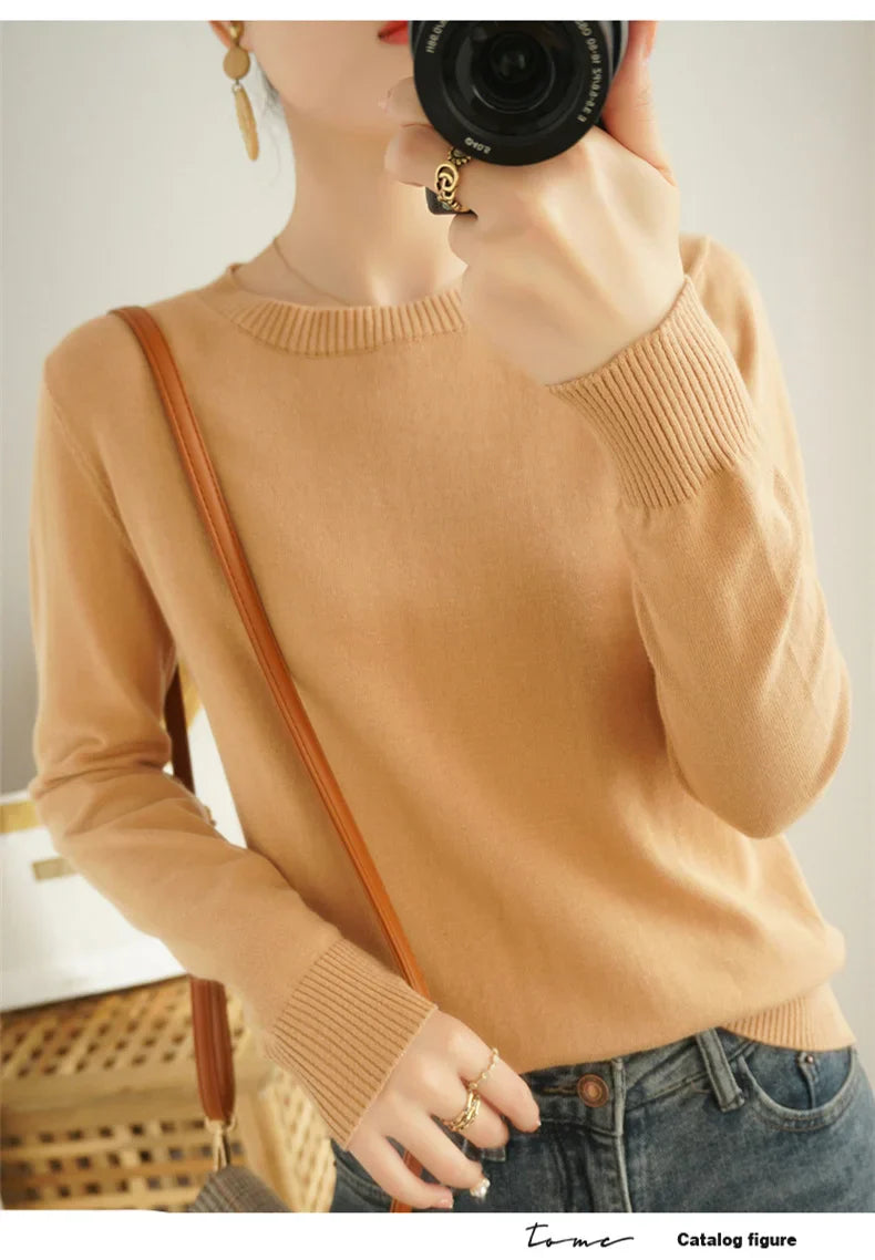 Women's 100% High-quality Cotton Knitted Sweater, Temperament Round Neck Top, Breathable And Versatile Pullover, Long Sleeved - Tasawoq