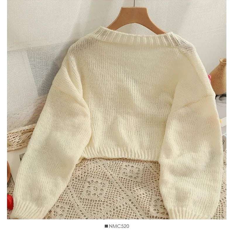 PTKPCC New Autumn Colourful Applique Flower Cardigan for Women Cute Long V-neck Knit Crop Sweater Girl Soft Knitwear - Tasawoq