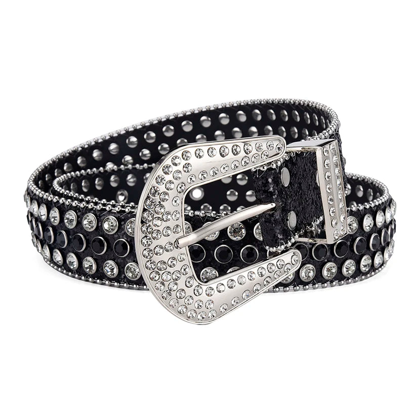 Men's Jeans Rhinestone Large Size Belt Women's Belt Western Denim Shiny Rivet Design Leather HipHop Punk Rock Y2K Style Belt - Tasawoq
