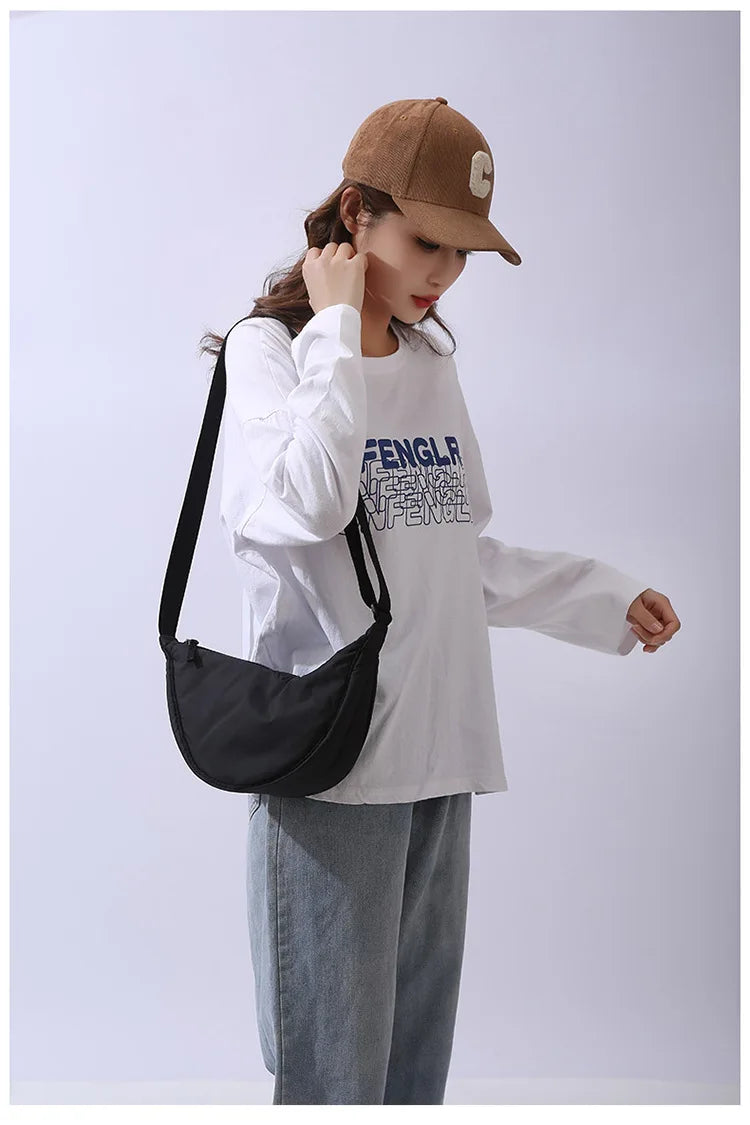 Solid Color Women's Portable Shoulder Bag Simple Female Nylon Cloth Padded Crossbody Bags Travel Purse Handbags Messenger Bag - Tasawoq