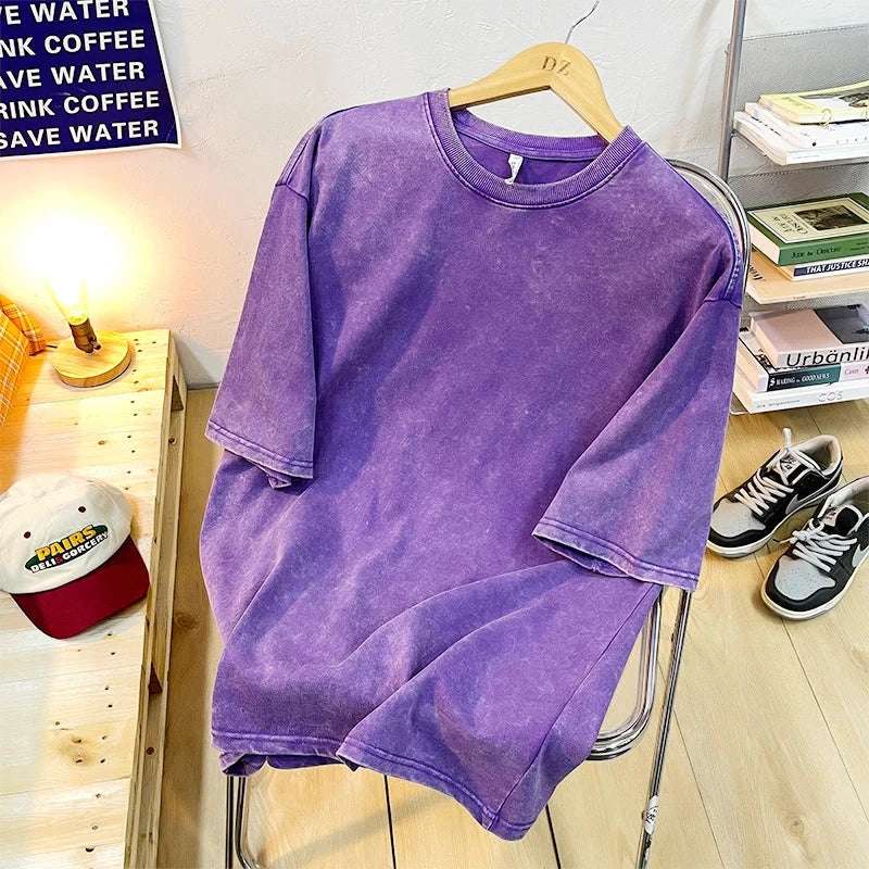 Vintage Snowflake Point Solid Color T-Shirts For Men Women 100% Cotton Short Sleeve Wash With Old Water Street Hip Hop Tee Shirt - Tasawoq