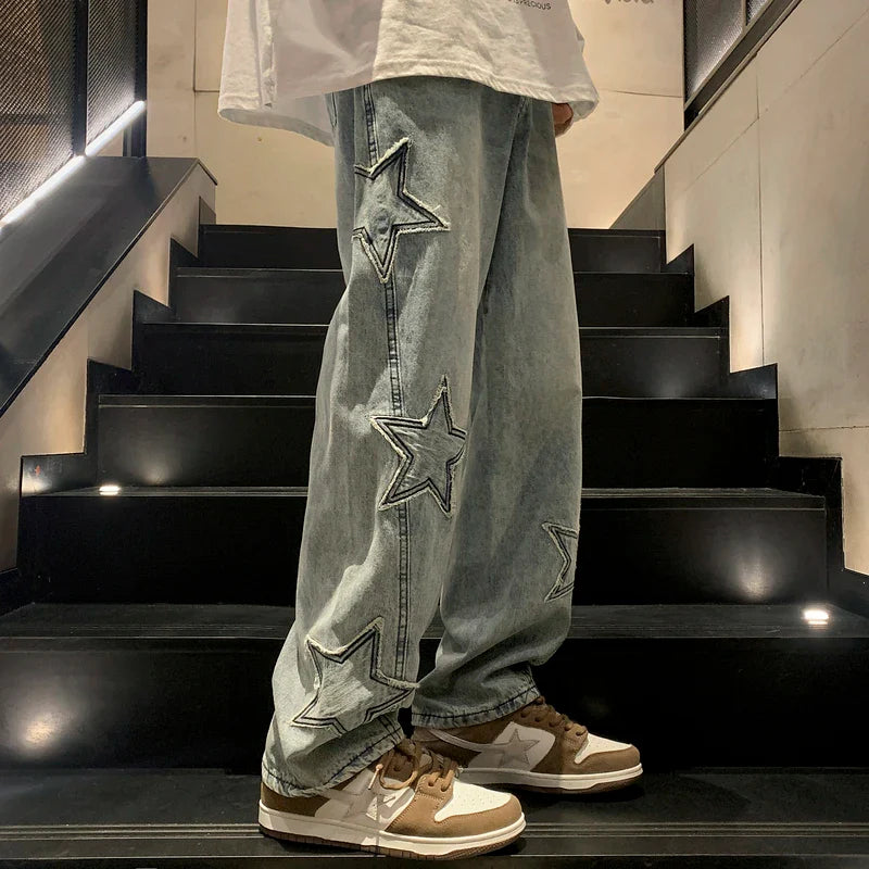 Star Embroidery Straight Casual Men Jeans Gothic Neutral New Wide Leg Loose Hip-hop Fashion Youth Streetwear Denim Trousers Y2K - Tasawoq