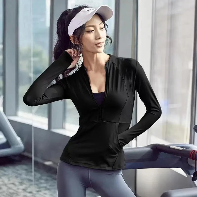 2024 Long Sleeve Sports Jacket Women Zip Fitness Yoga Shirt Winter Warm Gym Top Activewear Running Coats Workout Clothes Woman - Tasawoq
