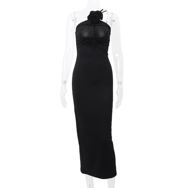 WhereMery Elegant Women Solid Sleeveless Slim Dress Aesthetic Oblique Strap Backless Prom Dresses Fashion Evening Party Clothing - Tasawoq