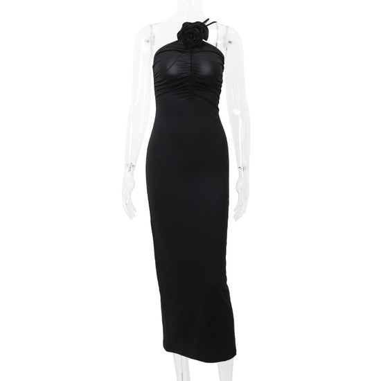 WhereMery Elegant Women Solid Sleeveless Slim Dress Aesthetic Oblique Strap Backless Prom Dresses Fashion Evening Party Clothing - Tasawoq