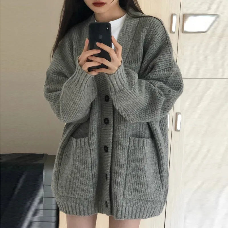 Autumn Winter Women Cardigan Sweater Coats Fashion Female Long Sleeve V-neck Loose Knitted Jackets Casual Sweater Cardigans - Tasawoq