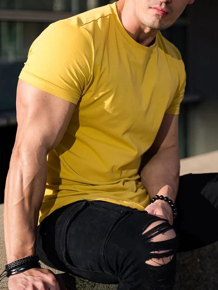 Muscle Fitness T-shirt Summer Men's Athleisure Workout short sleeve T-shirt High Quality cotton Men T-shirt Gym Sport Shirt Tops - Tasawoq