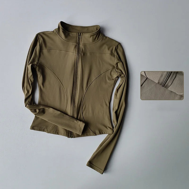 Outdoor Sports Long Sleeved Women Slim Yoga Clothes Quick Dry Zipper Cardigan Stand Up Collar Jacket Running Fitness Jacket Top - Tasawoq